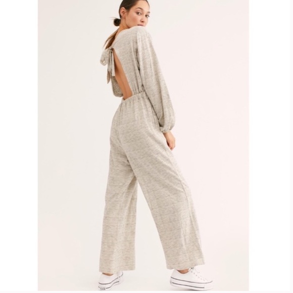 Free People This Is Your Sunday Striped Cutout Jumpsuit Size S Grey/White - Picture 2 of 13